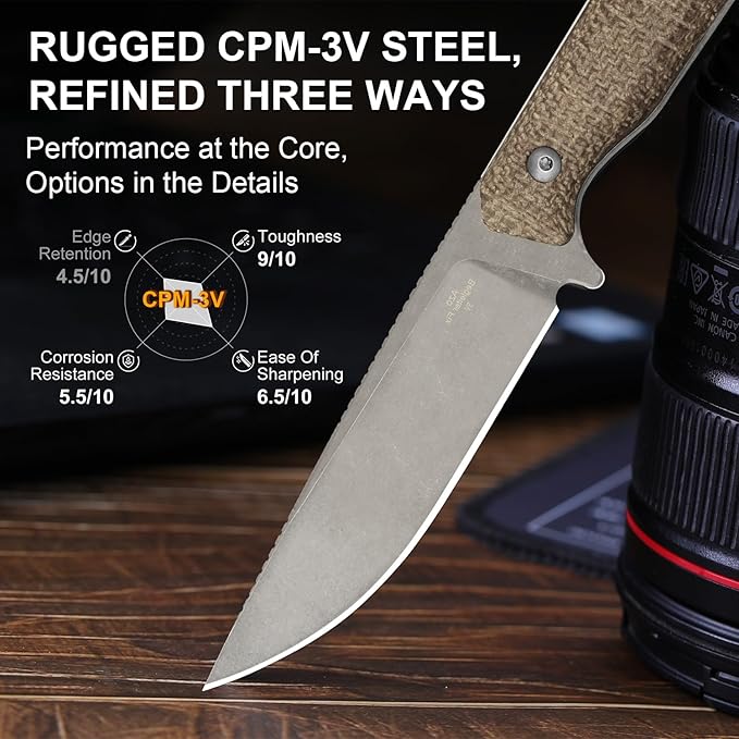 Kizer Begleiter Fix Fixed Blade Knife, 3.78" Drop Point 3V Blade Hunting Knives with Kydex Sheath, Brown Burlap Micarta Handle EDC Knife for Camping Hunting Survival 1045MD1