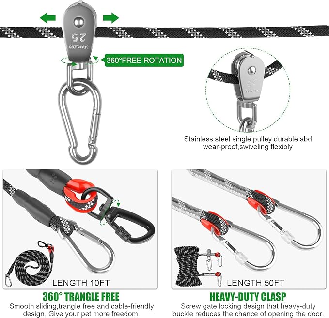 Dog Camping Essentials,Tie Out Cable for Camping,50ft Portable Overhead Trolley System with 10ft Runner Lead for Dogs up to 200lbs,Portable Reflective Dog Lead Line for Yard, Park and Outdoor (Black)