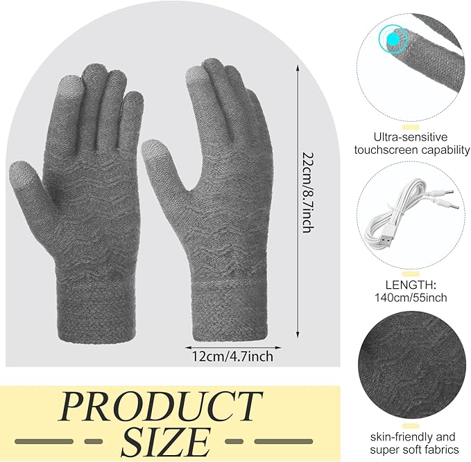 Bencailor 2 Pairs Usb Winter Heated Gloves Mitten Hand Washable Knitting Touchscreen Laptop Gloves