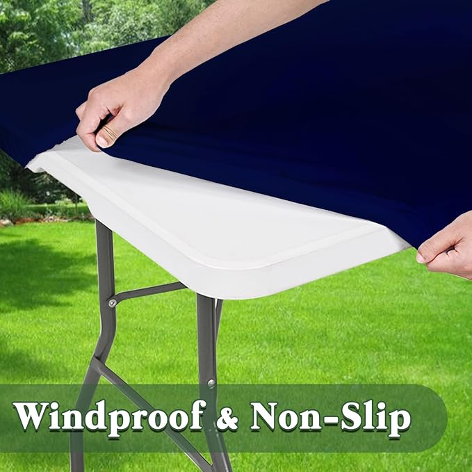 6 Pack Picnic Table Cover Fitted Elastic Tablecloth for 8 Foot Rectangle Tables Waterproof Stretch Washable Folding Indoor Outdoor Spandex Table Cloth for Parties Banquet Camping (Navy Blue,30" x 96")