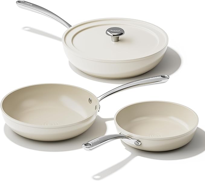 Redchef Ceramic Pan Set, 4-Piece Ceramic Frying Pan, 8" 9.5" 11" Saute Pan Skillet, Non Toxic Nonstick Pan for Cooking, skillets and frying pans, PFAS & PTFE & PFOA Free, Dishwasher & Oven Safe, Beige