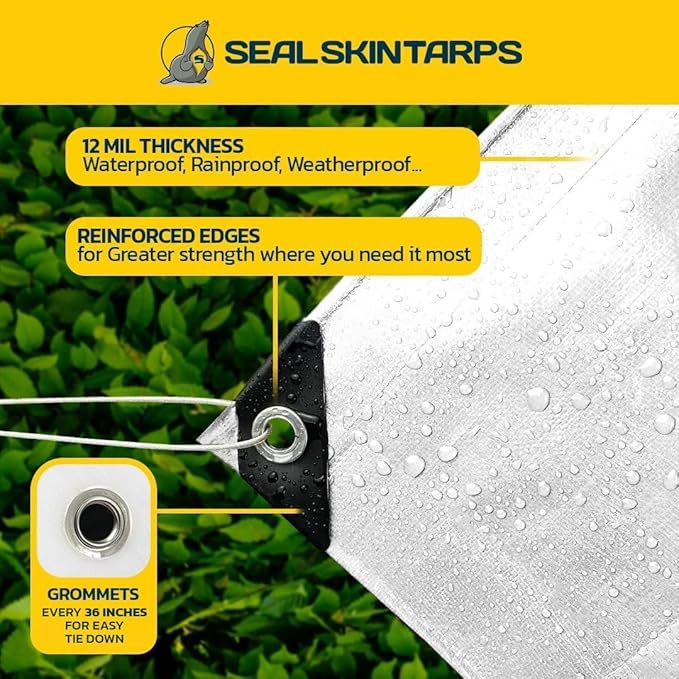 Seal Skin Covers Heavy Duty Waterproof Tarp 5x7 FT, 12 Mil 8 OZ 120 GSM Thick White Poly Tarp with Rustproof Grommets, Tear-Proof Cover with Reinforced Edges for Camping, Pool, Canopy Use