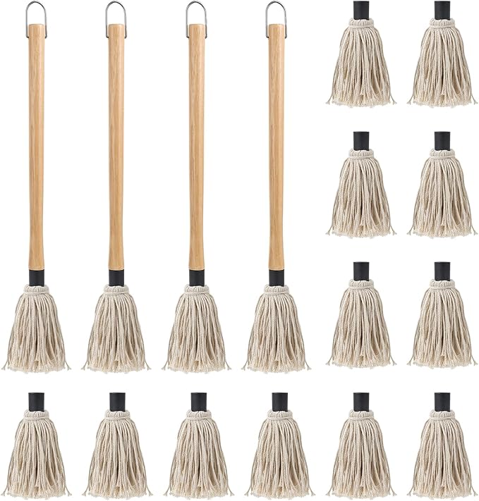 4Pcs BBQ Mop Brush Grilling Basting Mop Wooden Long Handle BBQ Mop Set with 12Pcs Replacement Heads for Basting Steak Marinade Sauce(18.3inch)