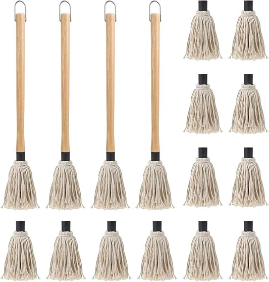 4Pcs BBQ Mop Brush Grilling Basting Mop Wooden Long Handle BBQ Mop Set with 12Pcs Replacement Heads for Basting Steak Marinade Sauce(18.3inch)