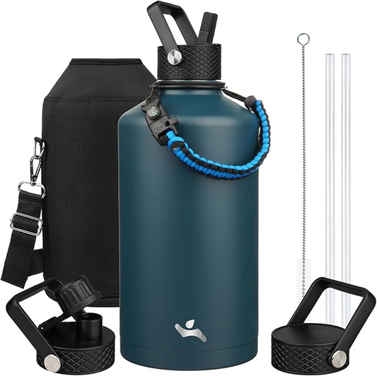 Gallon Insulated Water Bottle with Straw,128 oz 3 Lids Water Jug with Carrying Bag,Paracord Handle, Double Wall Vacuum Stainless Steel Metal Flask,Navy Blue