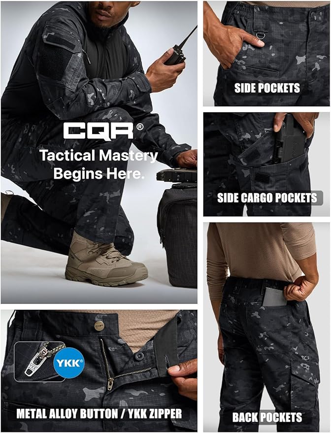 CQR Men's Flex Ripstop Tactical Pants, Water Resistant Stretch Cargo Pants, Lightweight EDC Hiking Work Pants