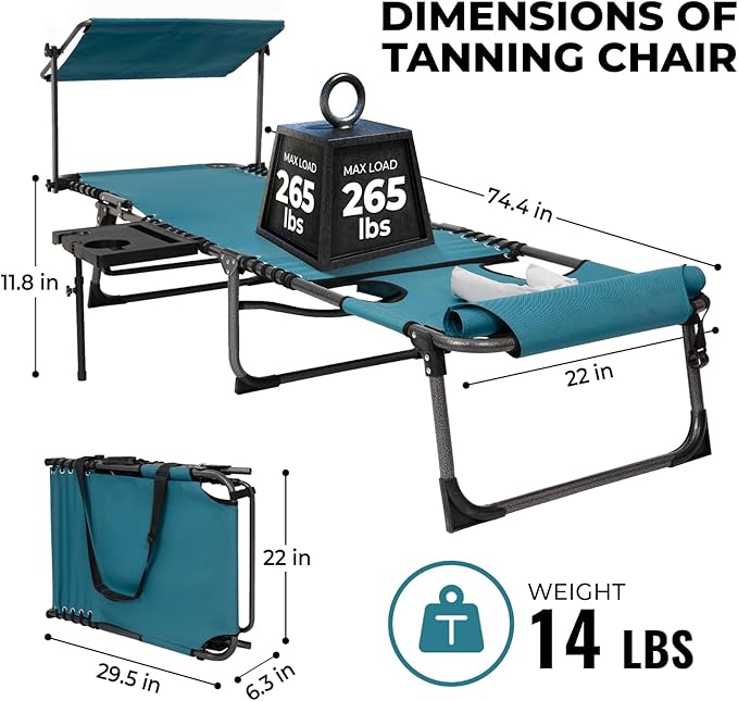 FUNDANGO 4 in 1 Tanning Chair with Face Hole, Beach Lounge Chair w/Canopy Shade & Side Table Chaise Lounge Chairs for Patio, Pool, Lawn, Sunbathing, 5-Position Adjustable Sun Lounger, Cyan