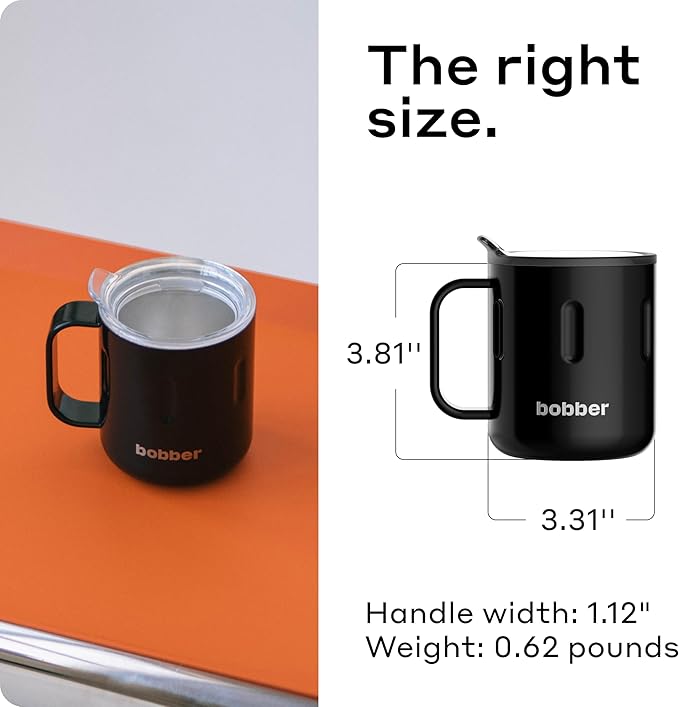 BOBBER 10 oz Insulated Coffee Mug with Handle & Lid – Premium Stainless Steel Camping Cup for Hot and Cold Drinks – Triple Walled Coffee Mug, Perfect for Home & Office (Black)