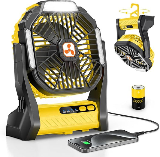 Portable Fan Rechargeable, 20000mAh Cordless Battery Powered Fan with LED Lantern, USB C Battery Operated for Travel Bedroom Home Camping Tent Office Beach Desk Fishing Table Yellow