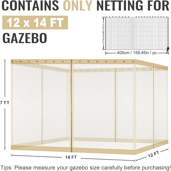 COWVIE Gazebo Replacement Netting Screen, 12' x 14' Universal Gazebo 4-Panel Mosquito Sidewalls with Double Zippers for Outdoor Patio (Only Netting)