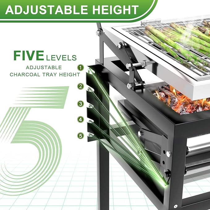 Charcoal Flip Grill for BBQ, Black Barbecue Grills for Outdoor Camping, Portable Tabletop Charcoal Grill with 360 Degrees Reversible Cooking Grid Removable Tray Adjustable Steel Frame,