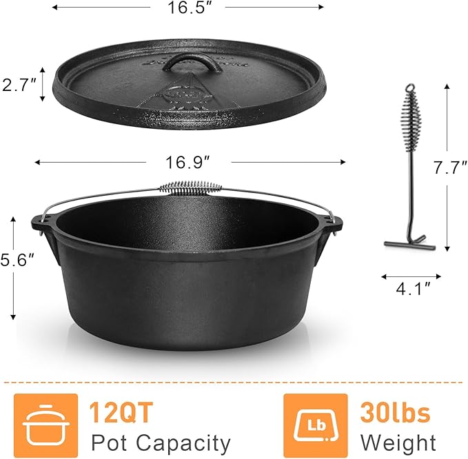 Camping Dutch Oven,12 Qt Pre-Seasoned Camping Cookware Pot with Lid - Lid Lifter, Cast Iron Dutch Oven with Metal Handle for Cooking BBQ Baking Campfire Modern Black