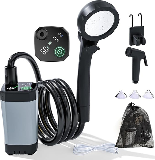 Portable Shower for Camping, 6000mAh Rechargeable Camping Shower Pump with Power & Temperature Display, Shower Head and Bidet Sprayer,Outdoor Shower Pump for Hiking, Travel, Pet
