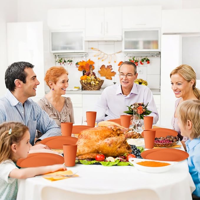 Orange Plastic Dishes Set for 8 includes Dinner Plates,Pasta Bowls,Soup Bowls and Drinking Cups,Unbreakable Orange Plastic Plates Set Microwave Dishwasher Safe For Thanksgiving Dinnerware Sets,32PCS
