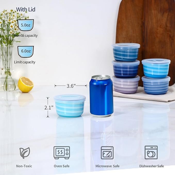 Selamica Ramekins with Lids, 6 oz Ramekins Oven Safe for Creme Brulee, Souffle, Porcelain Custard Cups for Baking, Stackable Ramekin Bowls for Pudding, Dipping, Set of 6, Gradient Blue