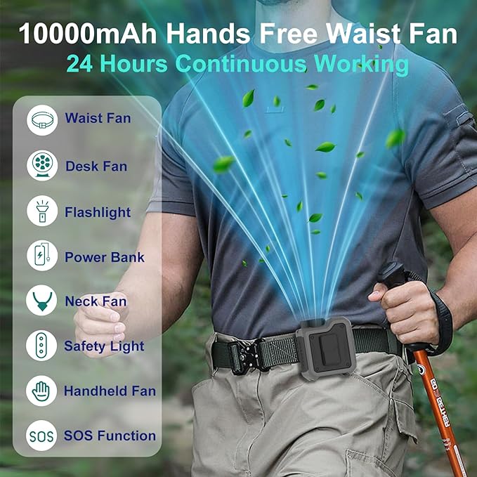 7-in-1 Multi-Use Portable Fan Hands Free Flashlight Etc,Christmas Gifts for Men Women,Turbo Powerful Cooling Personal Fan,10000mAh,24H Lasting,LED Display,Outdoor Travel Camping Fitness (Dark grey)