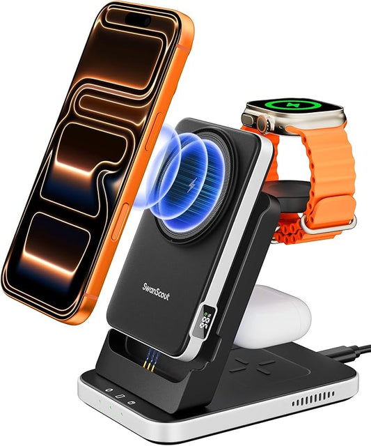 3 in 1 Charging Station Compatible with MagSafe for Apple, SwanScout 304M, Magnetic Wireless Charger Stand with 5000mAh Detachable Portable Charger for iPhone Air/17, Apple Watch, AirPods (No Adapter)
