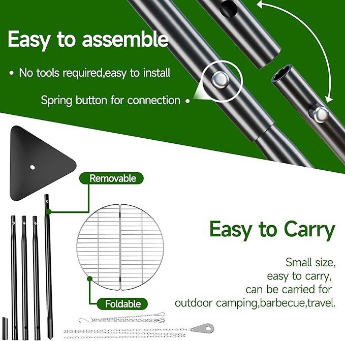 Campfire Tripod for Cooking, Portable & Collapsible Camping Cooking Tripod Grill with Round Grate for BBQ Picnic Outdoor Cookware Party