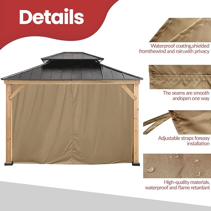 Coastshade Gazebo Pergola Canopy Panel Sidewalls Replacement 10ft Gazebo Pergola Privacy Panels Sidewall for Gazebos with 12Curtain Rings &12Rail Hooks, Khaki