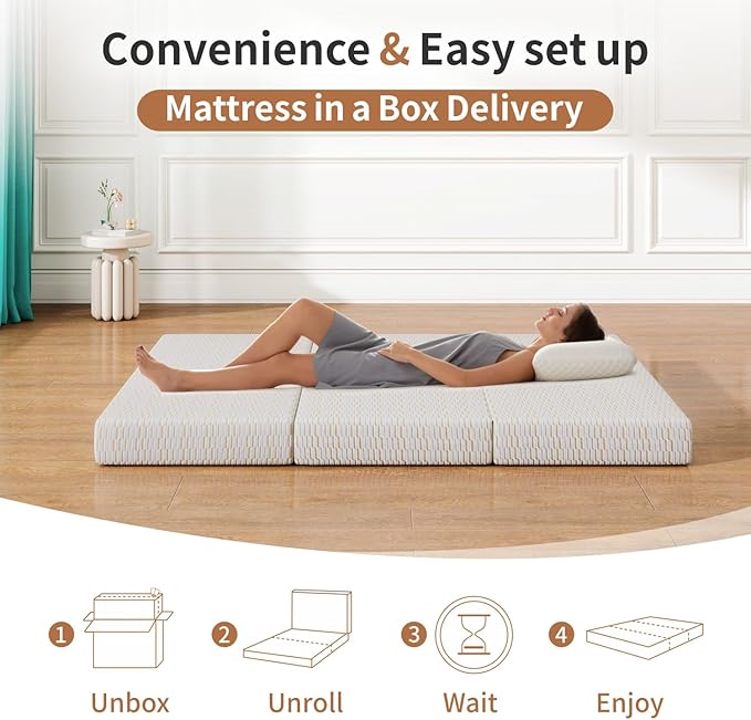 Vipbear Folding Mattress, 6 Inch Tri-fold Mattress King Size, Foldable Memory Foam Mattresses Topper with Washable Cover, Floor Bed with Storage Bag for RV& Camping& Home Use