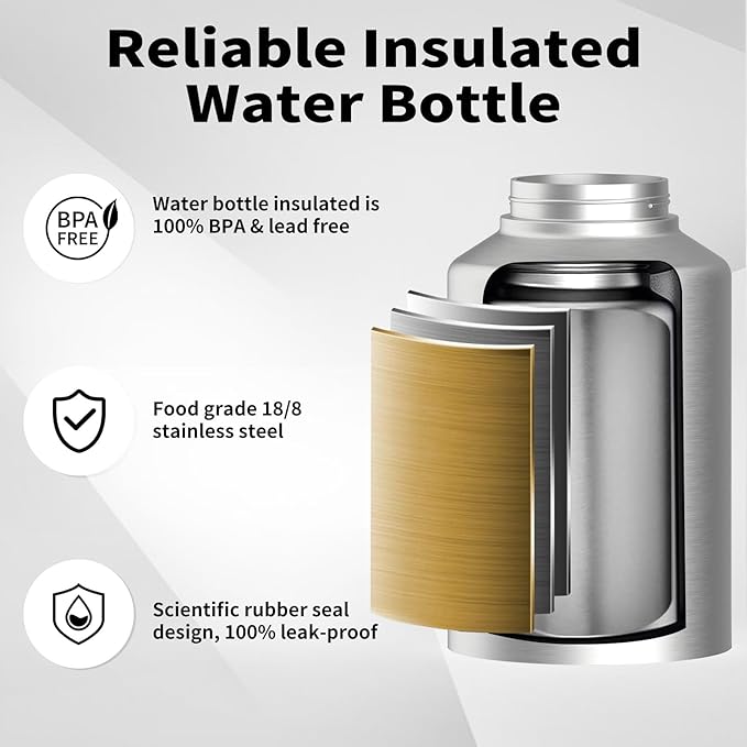 1 Gallon Water Bottle Insulated(Cold for 48 Hrs),BPA Free&Leak Proof,128oz Stainless Steel Water Jug,Big thermo,Large Water Bottle with Handle for Gym,Hiking,Camping&Travel,Stainless