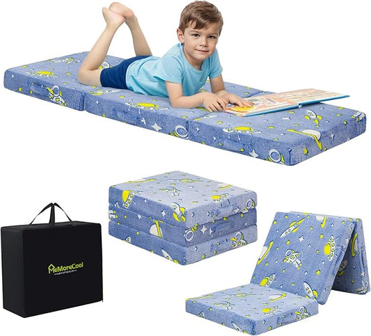 MeMoreCool Foldable Floor Mattress for Kids, Glow Toddlers Trifold Nap Mat, Kids Folding Mattress Portable Sleeping Futon for Daycare or Floor Bed, 57x22 Inch Blue