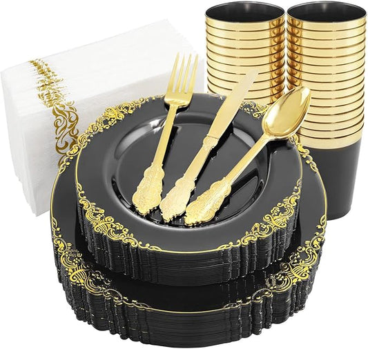 Nervure 175pcs Clear Black Plastic Plates - Gold Plastic Dinnerware Set for 25 Guests include 50 Disposable Plates,75 Gold Silverware,25 Cups,25 Napkins Perfect for Party&Independence Day