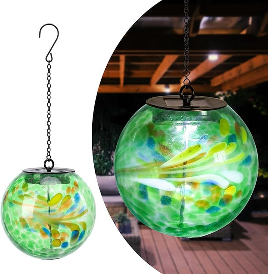 Solar Hanging Lanterns Outdoor Solar Glaze Glass Lantern Globe Hanging Outdoor Lights for Garden Yard Home Decoration Green