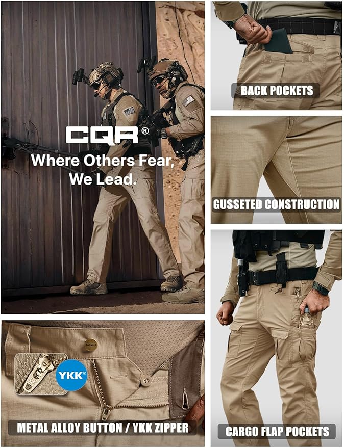 CQR Men's Flex Ripstop Tactical Pants, Water Resistant Stretch Cargo Pants, Lightweight EDC Hiking Work Pants