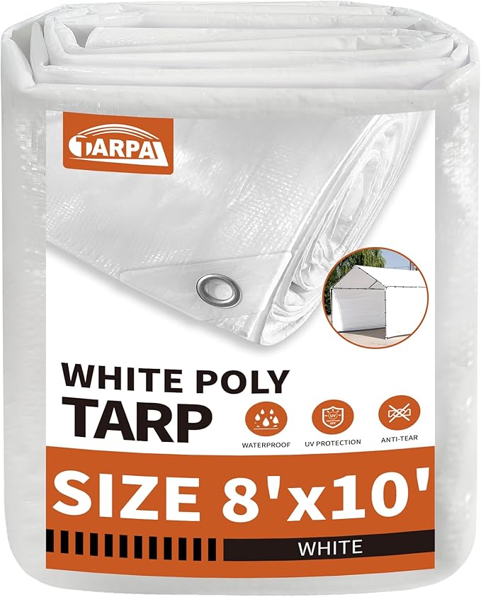 TARPAL 8'x10' White Tarp Waterproof 7.5 mil Medium Duty All Purpose Poly Tarps Cover Waterproof,Snow Proof UV Protection,Rip and Tear Proof,Poly Tarpaulin
