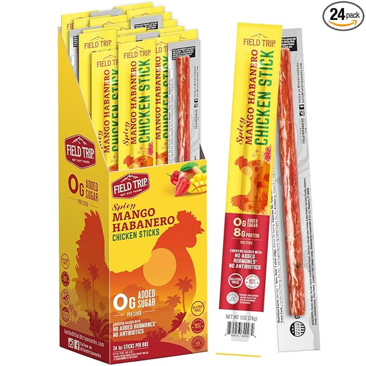 Field Trip Spicy Mango Habanero Chicken Jerky Sticks - Hormone Free, Zero Sugar, Keto, Paleo, Gluten Free, and Allergy Friendly Snack - 50 Calorie, High Protein Snacks - 1oz, 24 Pack