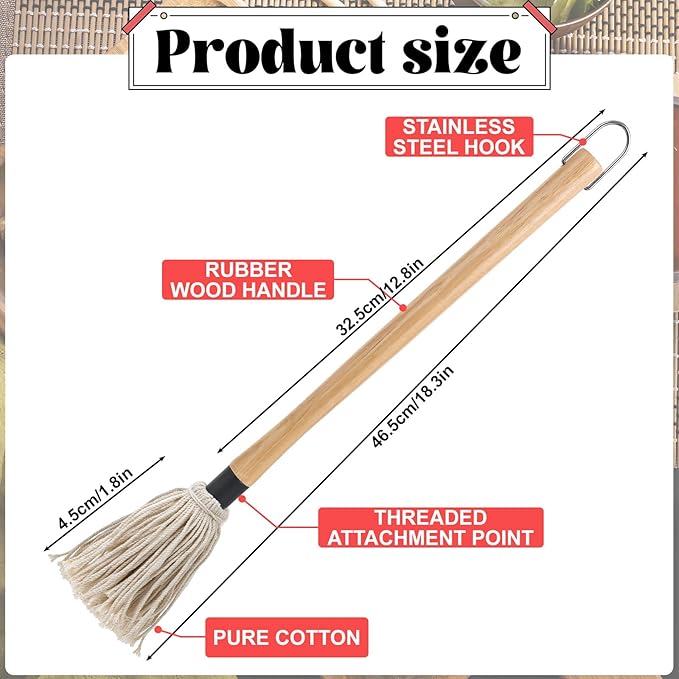4Pcs BBQ Mop Brush Grilling Basting Mop Wooden Long Handle BBQ Mop Set with 12Pcs Replacement Heads for Basting Steak Marinade Sauce(18.3inch)