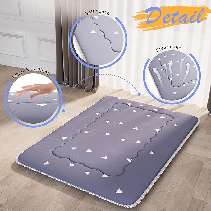 Japanese Futon Mattress, Foldable Tatami Mat Portable Dormitory Sleeping Pad with Bag & Strap, Floor Thicken Sleeping Roll up Camping Mattress (Grey WS1, 39" X80")