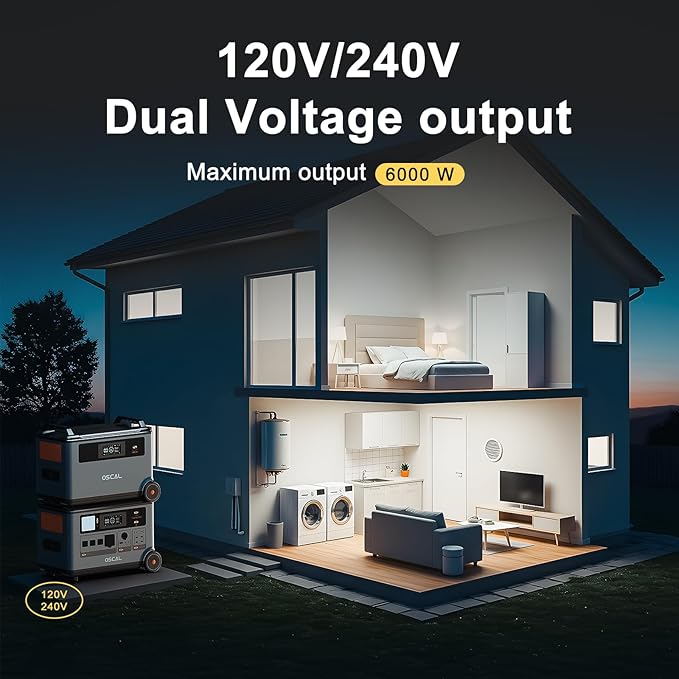 OSCAL PowerMax 6000 Solar Generator with 400W Solar Panel, 120V/240V 3600Wh Power Station 6000W AC Outlets (7200W Peak), 2200W AC Charging/2400W Solar Charging, Emergency for Home, Battery Backup
