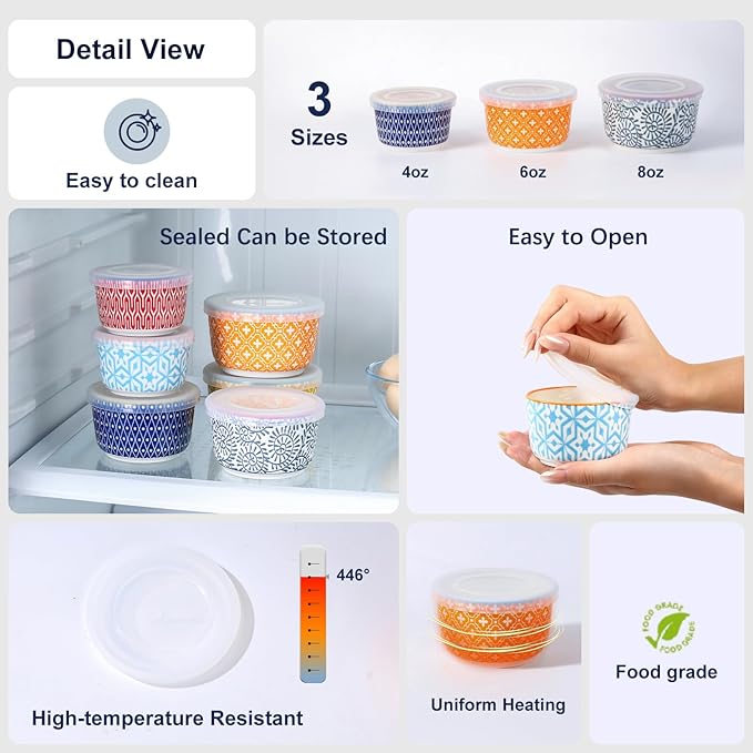 Selamica Ramekins with Lids 4 oz Oven Safe, Creme Brulee Ramekins Souffle Dishes with Covers, Stackable Ceramic Mini Ramekin Bowls Set for Dipping, Custard, Pudding, Baking, Set of 6, Assorted Colors