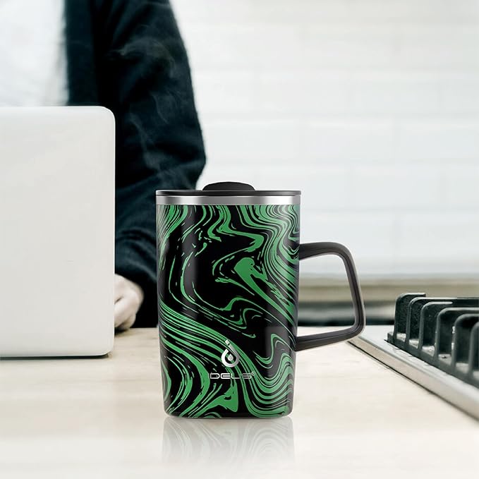 Ideus Vacuum Insulated Coffee Mug, 16oz Reusable Stainless Steel Thermal Double Walled cup with Handle and Slider Lid for Hot & Cold Beverages, BPA Free (Green Zebra)