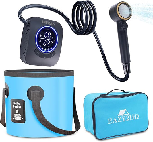 Eazy2hD Portable Camping Shower 8000mAh Rechargeable Outdoor Shower Pump, 4 Spray Modes, IPX8 Waterproof for Camping, Hiking, Pet Bath,Car Washing,Surf & Boat Cleaning (Shower Pump With Bucket)
