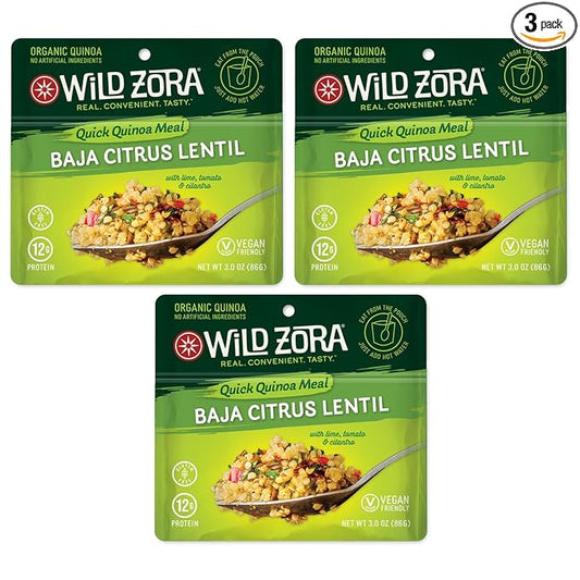 Wild Zora Instant Organic Quinoa Meals - Quick & Tasty Prepared Quinoa Bowls, Pantry Staples Gluten-Free Meal w/Lentils Plus 10g Olive Oil Packet - Baja Citrus w/Tomato, Lime & Cilantro (3-Pack)