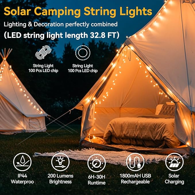 33FT Solar Camping String Lights, Rechargeable String Lights with 8 Modes, Waterproof Outdoor Lights with Delay Closure, Retractable Design & Hooks for Outdoor Patio Awning Garden Party Essentials