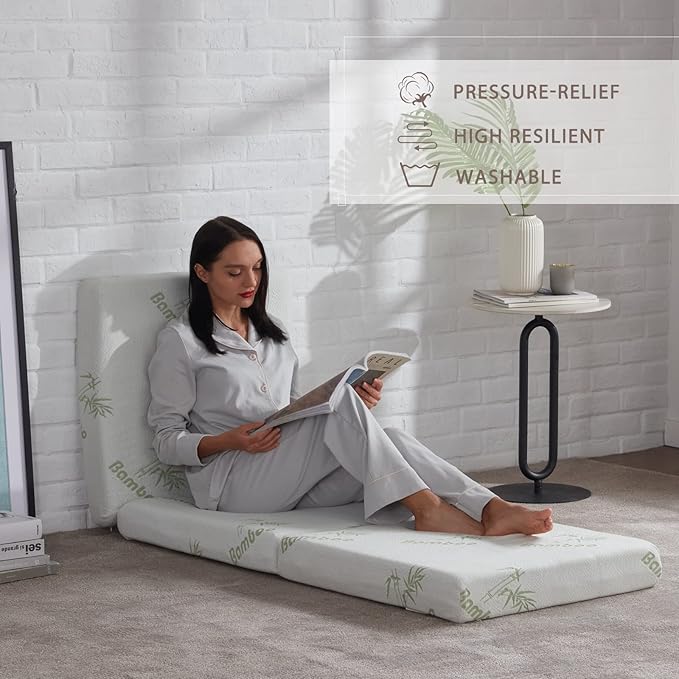 SINWEEK Memory Foam Folding Mattress, 4 Inch Foldable Trifold Mattress Topper, CertiPUR-US Certified Guest Bed with Cooling Cover & Waterproof Lining