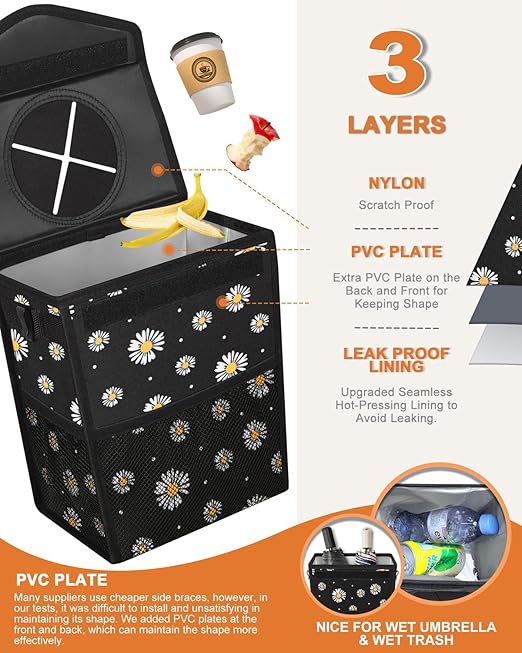 Car Trash Can with Lid, Cute Leakproof Car Trash Garbage Bag Hanging Vehicle Trash Bin Small Portable Automotive Garbage Cans Organizer for Back/Front Seat/Console(Trapezoid,Black Flower)
