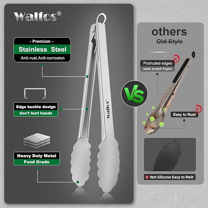 Walfos tongs for cooking, All Metal Kitchen Tongs 600℉ Heat Resistant, Heavy Duty Locking Tongs 2-piece 12 Inch