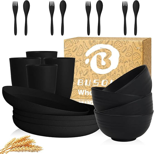Wheat Straw Dinnerware Sets for 4, Unbreakable Kids Plates and Bowls Sets 20 PCS, Alternatives Reusable Plastic Dinnerware Set, Microwave Safe Kitchen Dish Set for Dorm, Camping (Black)