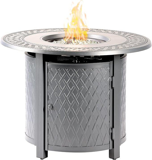 Oakland Living Round 34 in. x 34 in. Aluminum Propane Fire Pit Table with Glass Beads, Two Covers, Lid, 37,000 BTUs in Grey Finish