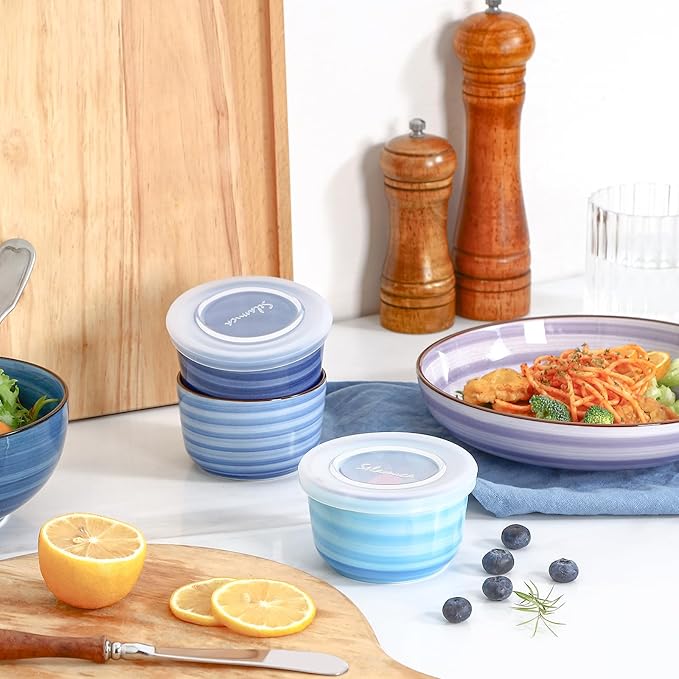 Selamica Ramekins with Lids, 6 oz Ramekins Oven Safe for Creme Brulee, Souffle, Porcelain Custard Cups for Baking, Stackable Ramekin Bowls for Pudding, Dipping, Set of 6, Gradient Blue