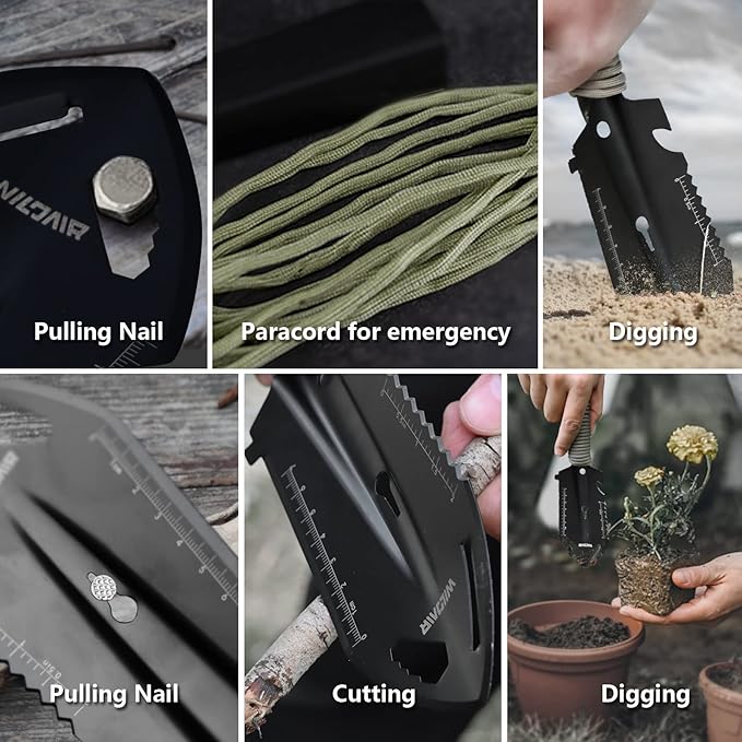 WILDAIR Camping Shovel Multifunctional 7 in 1 Survival Multitool Small Survival Shovel for Camping Tactical Shovel (Black)