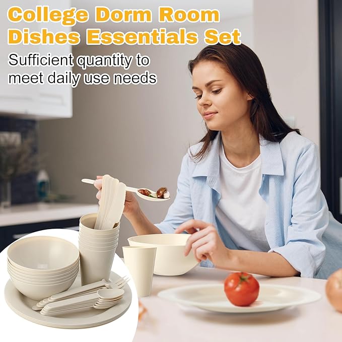 LemonRoad 12 Set College Dorm Dishes Essential Kit, Plates and Bowls Back to School Beige Room Dishes Set with Storage Mesh Bag Cup, Microwave Dinnerware Picnic for RV Camping