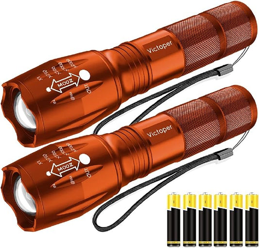 Victoper LED Flashlight 2 Pack Orange, Bright High Lumens Tactical Flashlights High Lumens with 5 Modes, Waterproof Zoomable Flash Light for Outdoor, Gifts for Father's Day Camping Essentials Gear