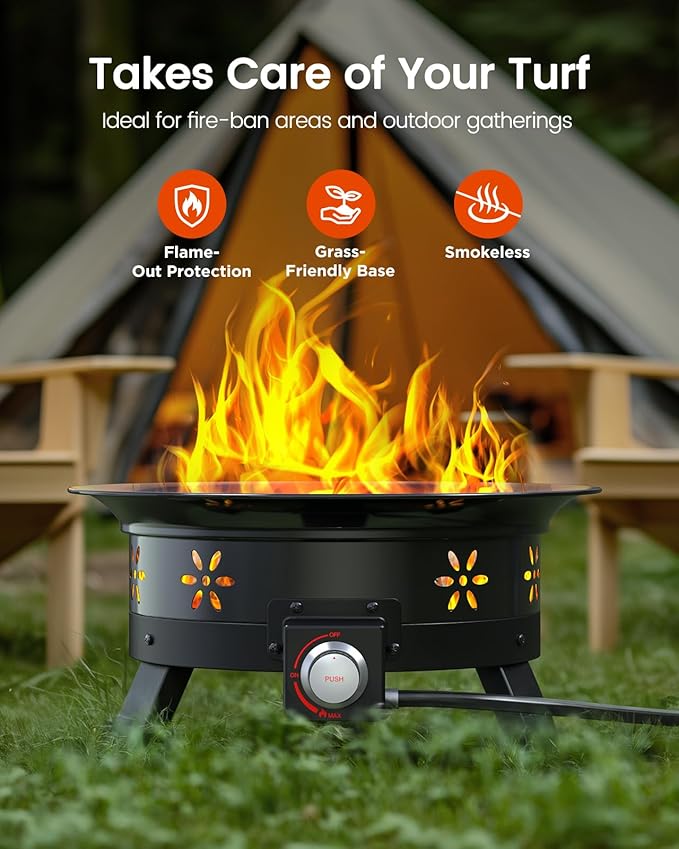 AMADA HOMEFURNISHING 24″ Propane Fire Pit with Grill Grate, 58,000 BTU, Folding Legs, Propane Tank Holder, Cover, and Carry Strap, No Ignition Needed, Easy Flame Adjustment, CSA-Certified, Portable