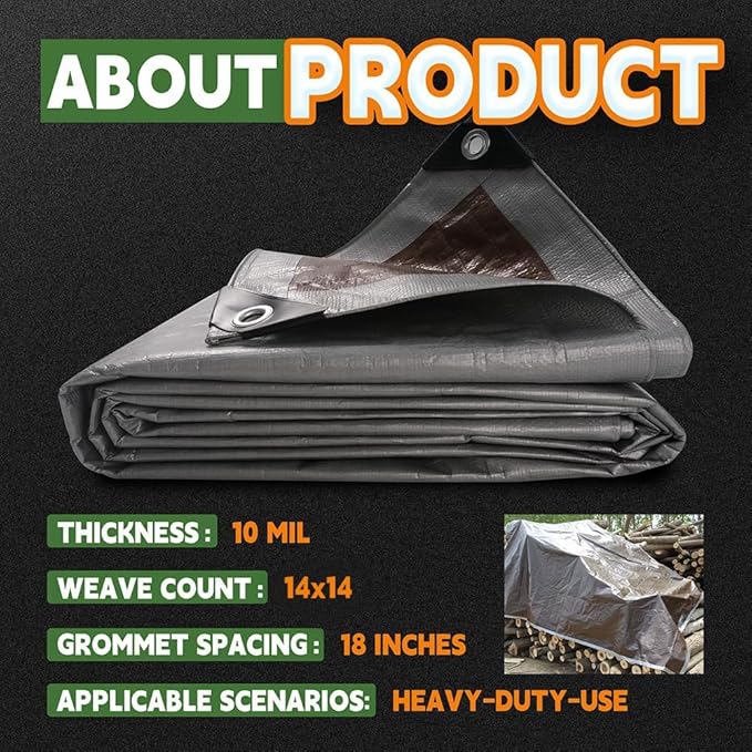 RAINDEWAY Tarps Heavy Duty Waterproof 24x36 Feet,10Mil Thick Multipurpose Large Tarp Cover with Metal Grommets and Reinforced Edges,Silver/Brown Tarp